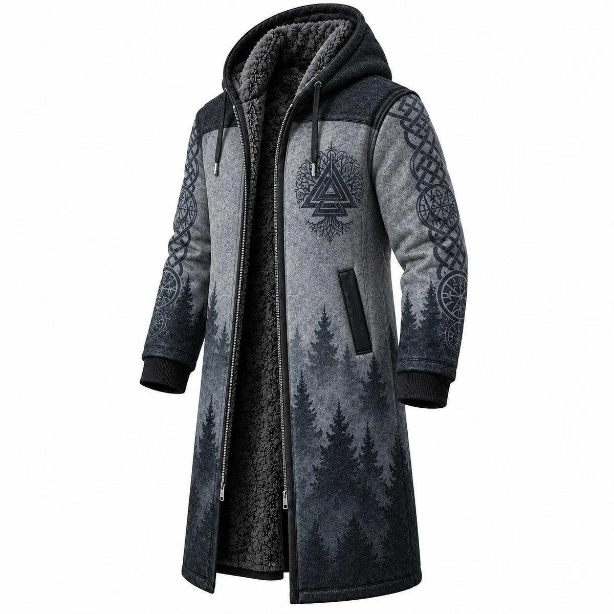 Slate Blue Gray Rune Print Longline Hooded Fleece Coat