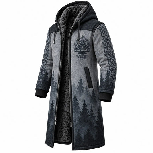 Slate Blue Gray Rune Print Longline Hooded Fleece Coat