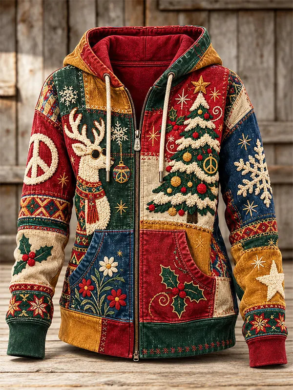 Women's Vintage Patchwork Reindeer Christmas Tree Holly Snowflake Floral Art Print Hooded Zip Up Jacket
