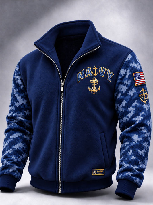 Men's Casual American Veteran Pride Print Zip-Up Collar Jacket