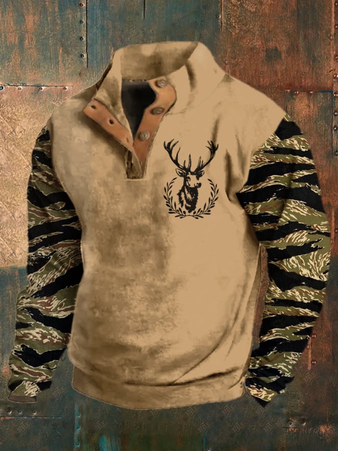 Men's Vintage Western Print Stand Collar Button-Down Sweatshirt
