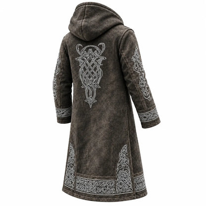 Men's Viking Tribal Totem Vintage Washed Print Fleece-Lined Hooded Jacket