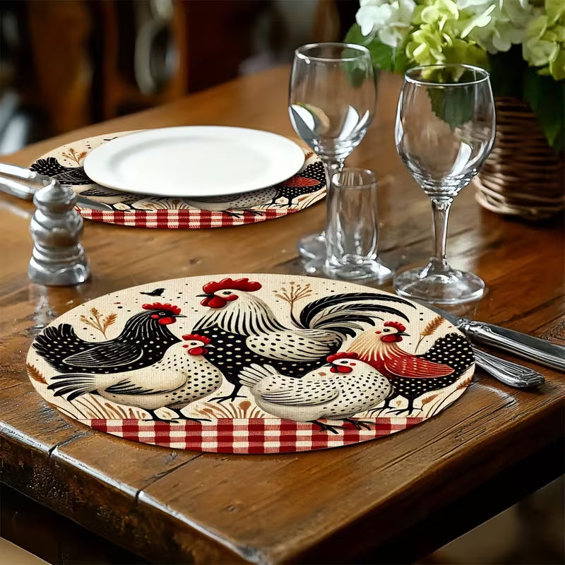 Farmhouse Rooster Round Placemat – Rustic Chicken Kitchen Table Decor