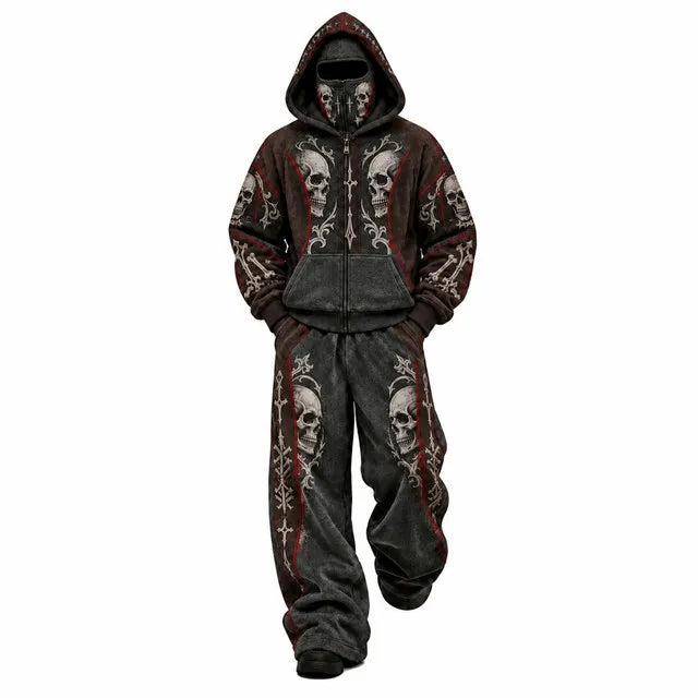 Brown Gothic Skull Filigree Mask Hoodie Tracksuit Set