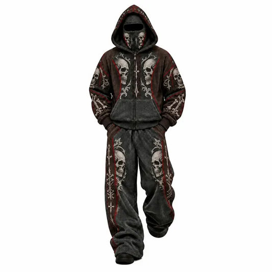 Brown Gothic Skull Filigree Mask Hoodie Tracksuit Set