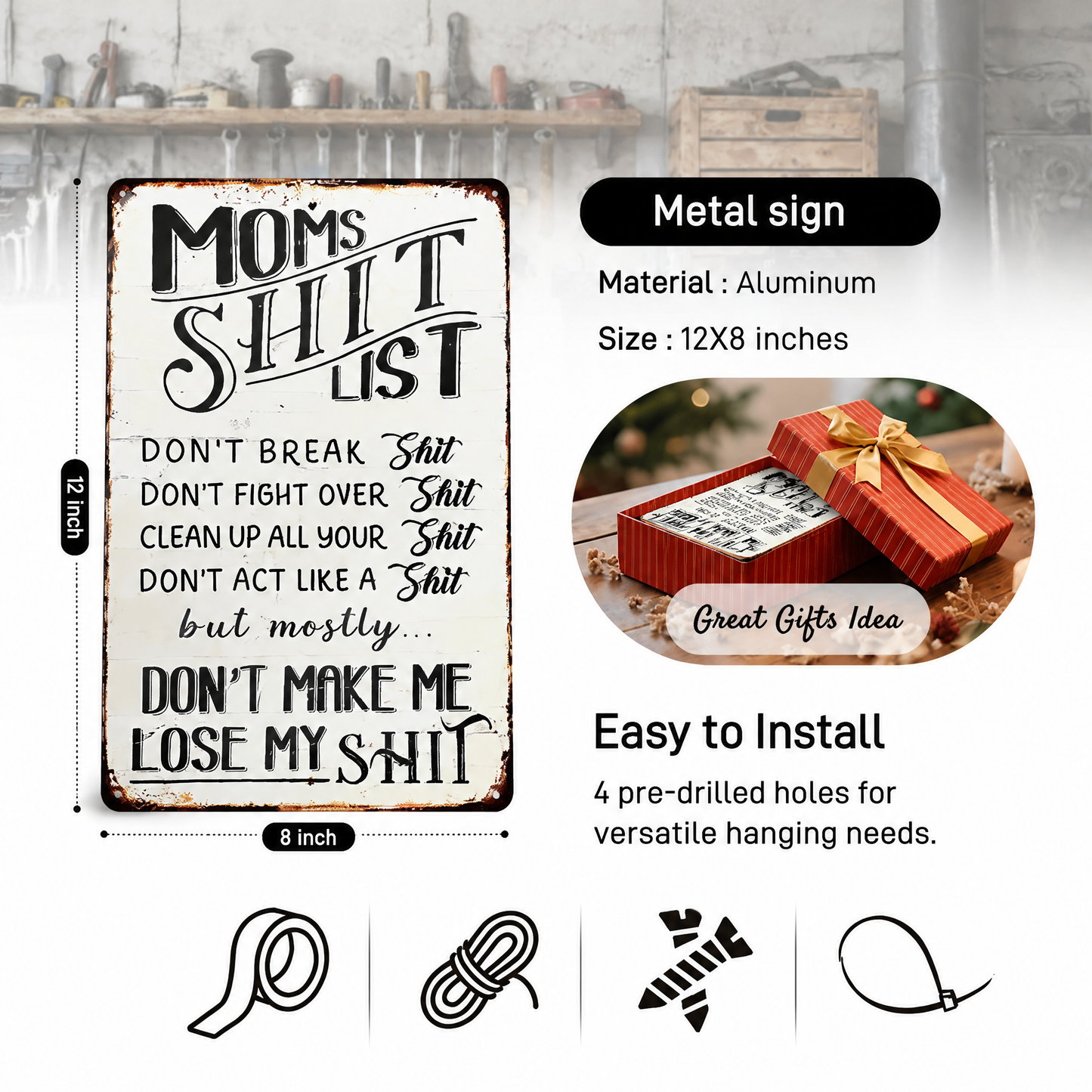 Mom's Sh*t List Metal Sign— Funny Retro Mom Decor Gift