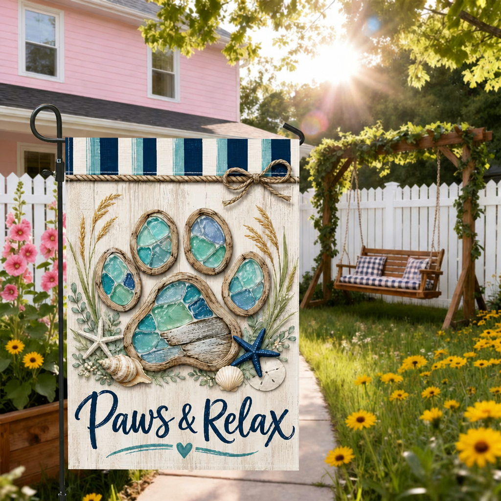 Paws & Relax Dog Garden Flag - Coastal Pet Lover Outdoor Yard Decor