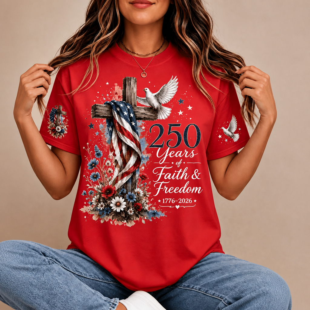 Custom America 250th Anniversary Shirt - Personalized Faith & Freedom Patriotic Gift For Women