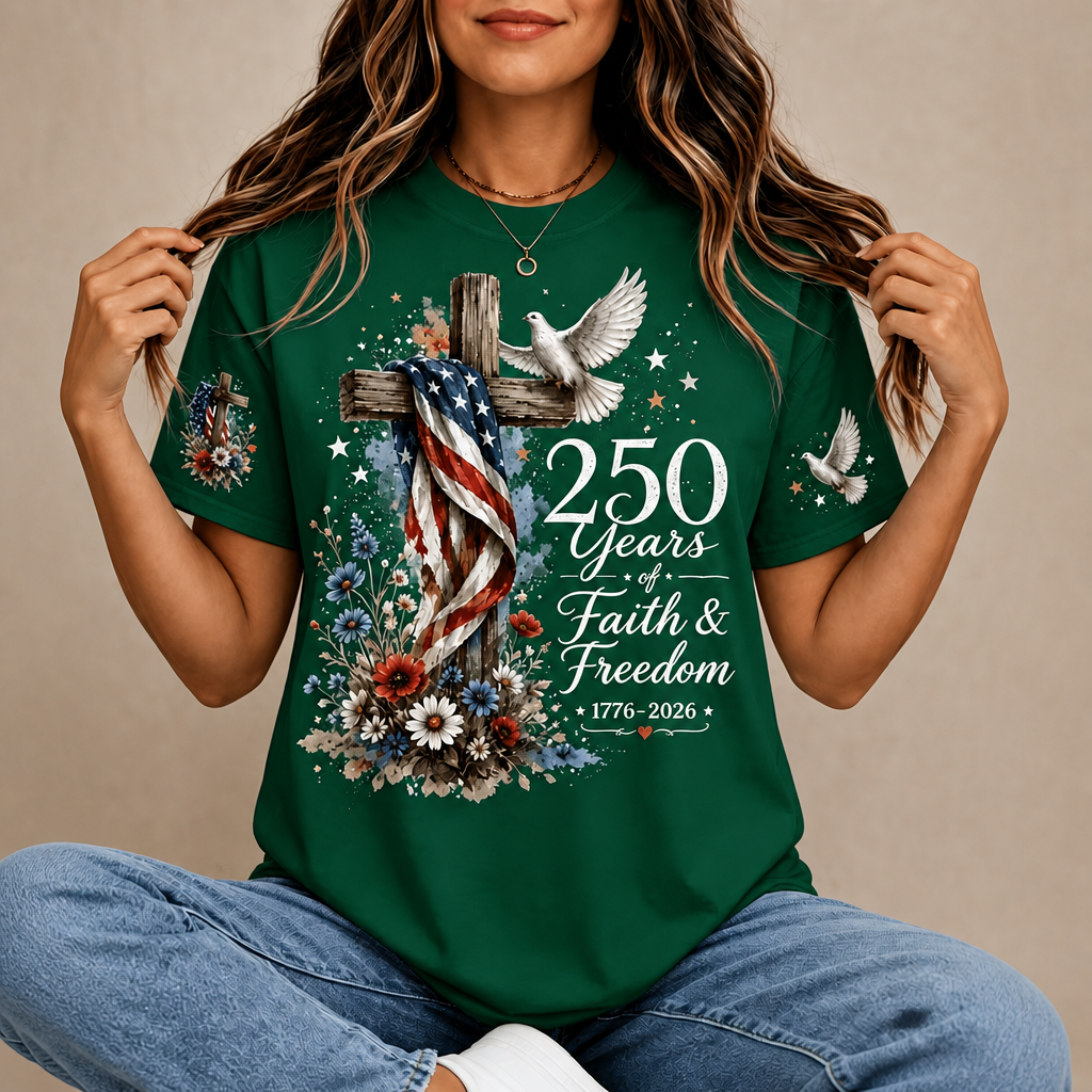 Custom America 250th Anniversary Shirt - Personalized Faith & Freedom Patriotic Gift For Women