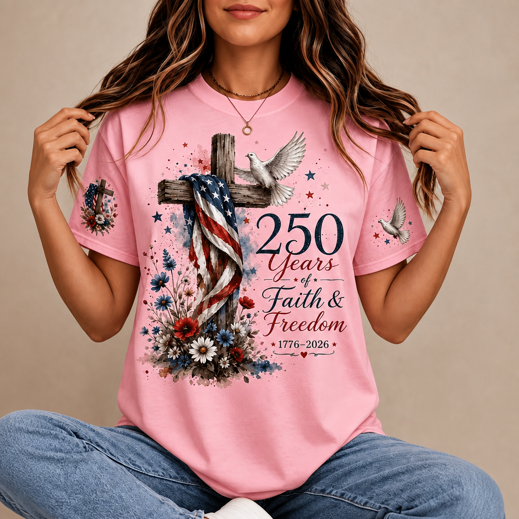 Custom America 250th Anniversary Shirt - Personalized Faith & Freedom Patriotic Gift For Women