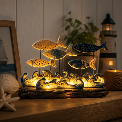 Lighted Coastal Fish Sculpture - Ocean Inspired LED Tabletop Decor for Beach House & Seaside Home
