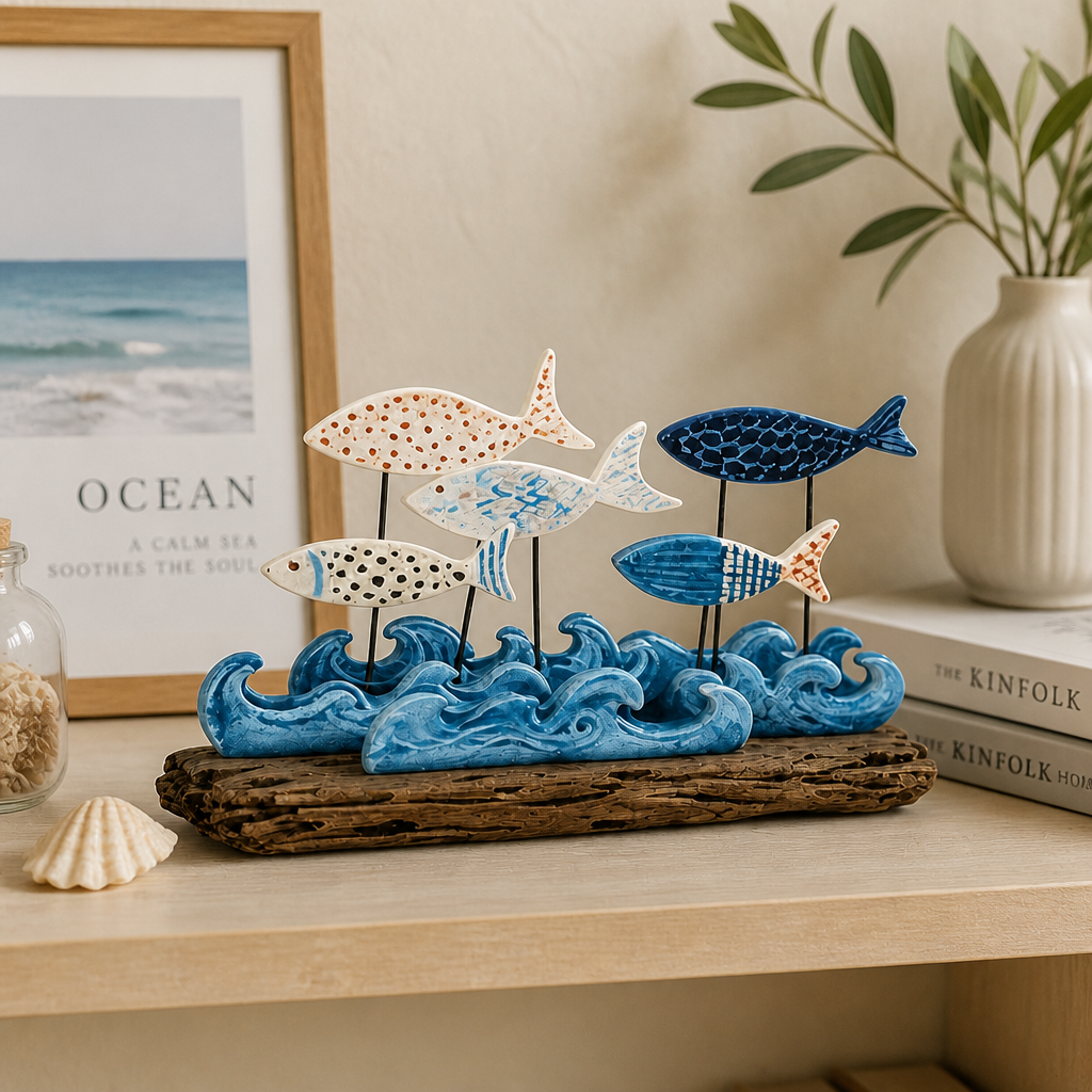 Lighted Coastal Fish Sculpture - Ocean Inspired LED Tabletop Decor for Beach House & Seaside Home