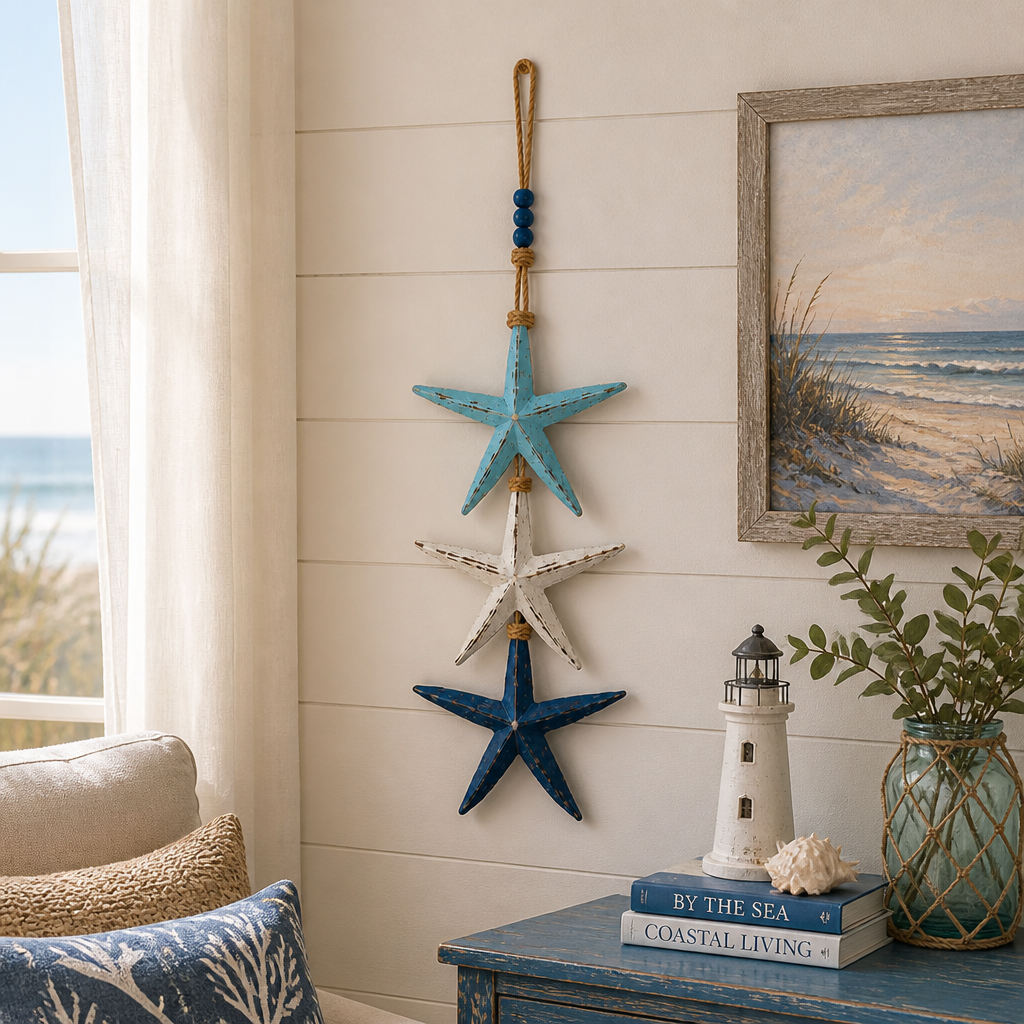 Lighted Coastal Wooden Hanging Decor - Starfish & Fish Wall Ornament
