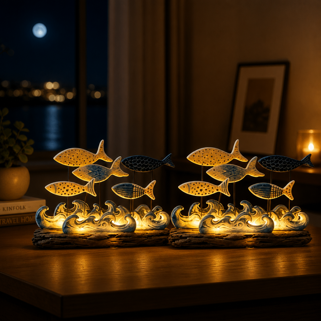 Lighted Coastal Fish Sculpture - Ocean Inspired LED Tabletop Decor for Beach House & Seaside Home