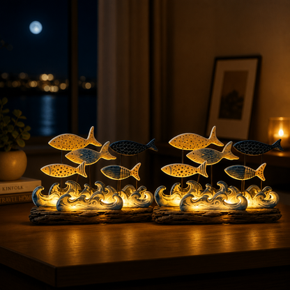 Lighted Coastal Fish Sculpture - Ocean Inspired LED Tabletop Decor for Beach House & Seaside Home