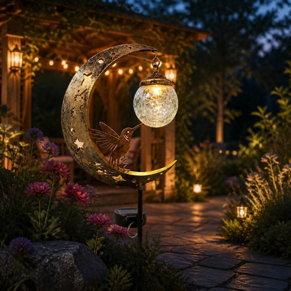 Hummingbird moon solar garden stake light glowing in a garden