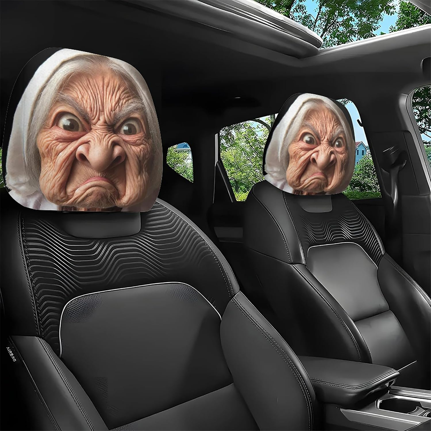 Funny Angry Granny Car Headrest Covers – Hilarious Prank Auto Seat Accessories