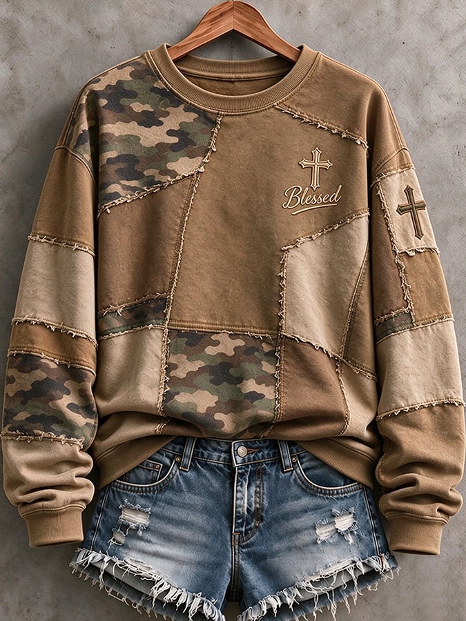 Women's Retro Camouflage Cross Print Casual Sweatshirt