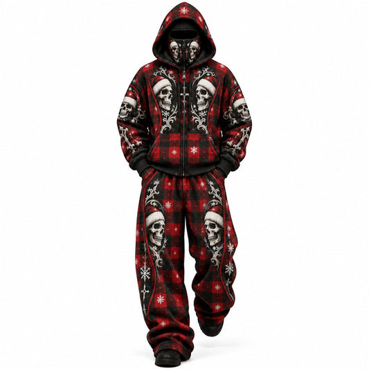 Gothic Skeleton Plaid Mask Hoodie Tracksuit Set