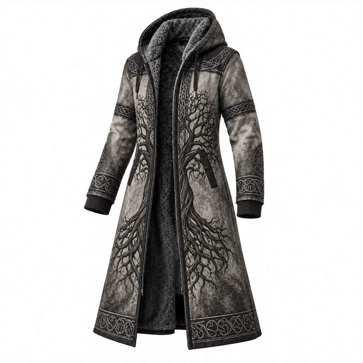Black Gray Tree Print Longline Hooded Fleece Coat
