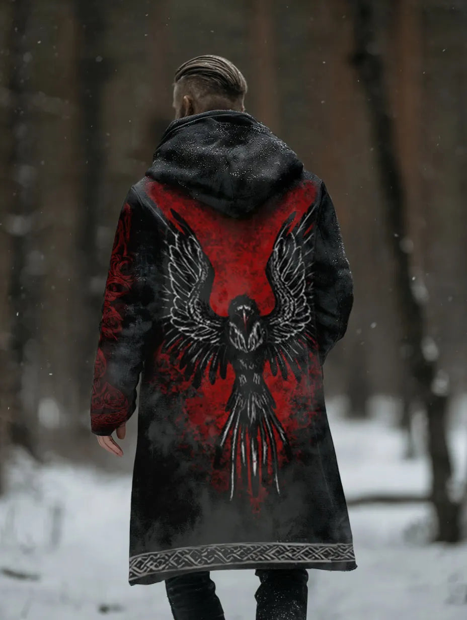 Viking Dark Crow Totem Red Gradient Print Fleece-Lined Hooded Jacket