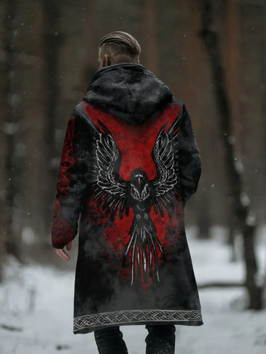 Viking Dark Crow Totem Red Gradient Print Fleece-Lined Hooded Jacket