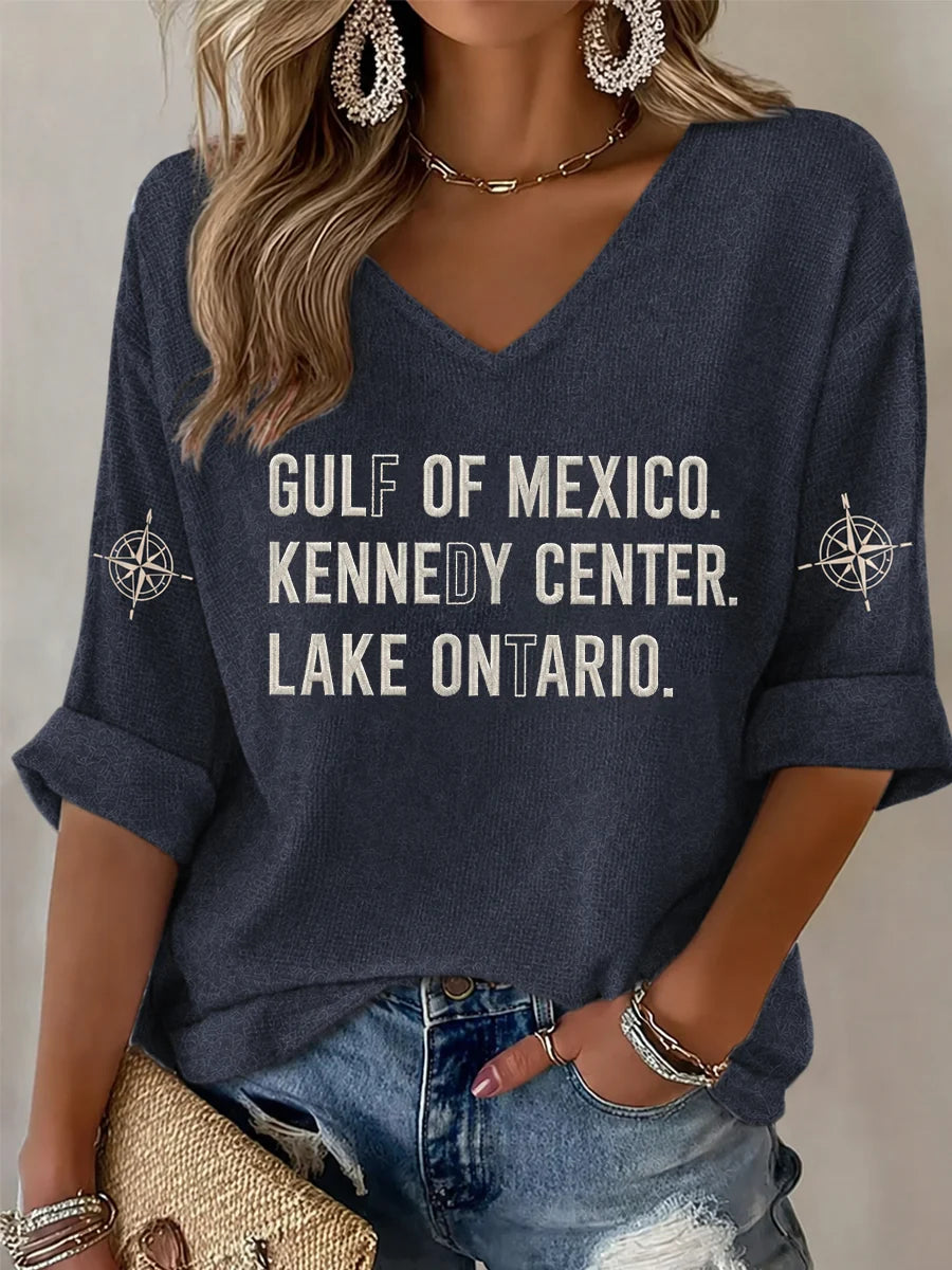 Women's Gulf Of Mexico Kennedy Center Lake Ontario Print Half-Sleeve V-Neck T-Shirt