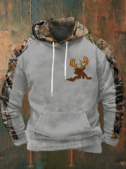 Men's Casual Retro Contrast Camouflage Elk Western Style Hoodie