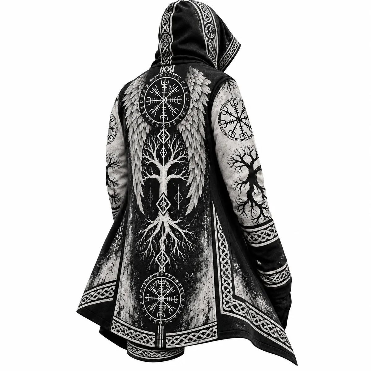 Black White Viking Winged Tree Zip-Up Hooded Jacket