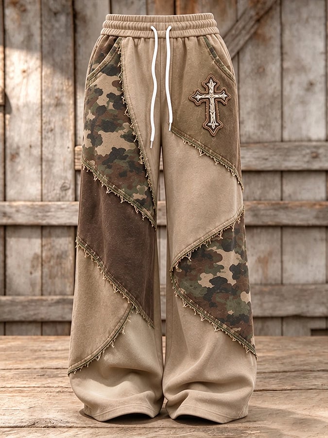 Women's Retro Camouflage Cross Pattern Patchwork Print Casual Sports Pants