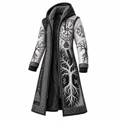 White Gray Compass Print Longline Hooded Fleece Coat