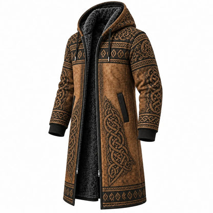 Brown Gold Nordic Ornament Print Longline Hooded Fleece Coat