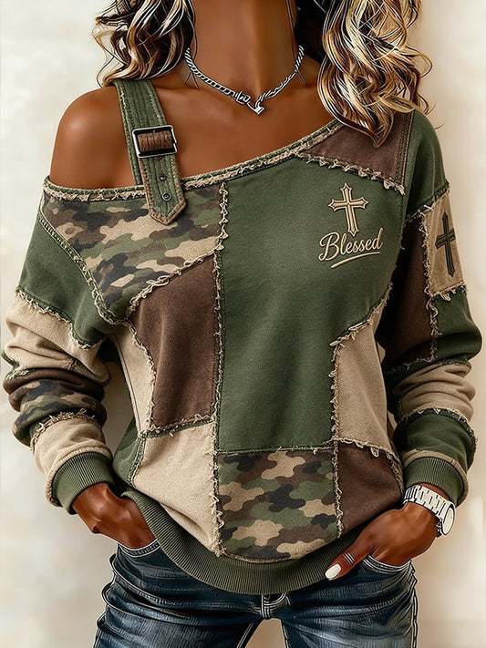 Women's Retro Faith Print Casual Off-Shoulder Sweatshirt