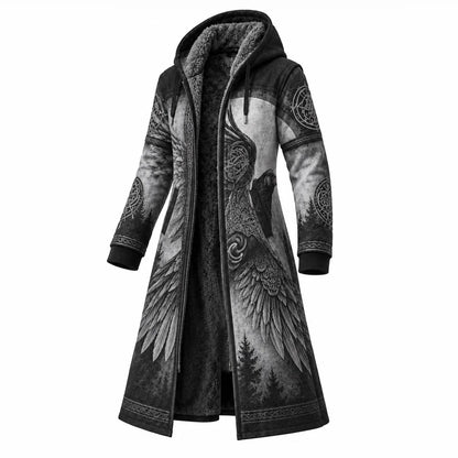 Charcoal Gray Knot Print Longline Hooded Fleece Coat