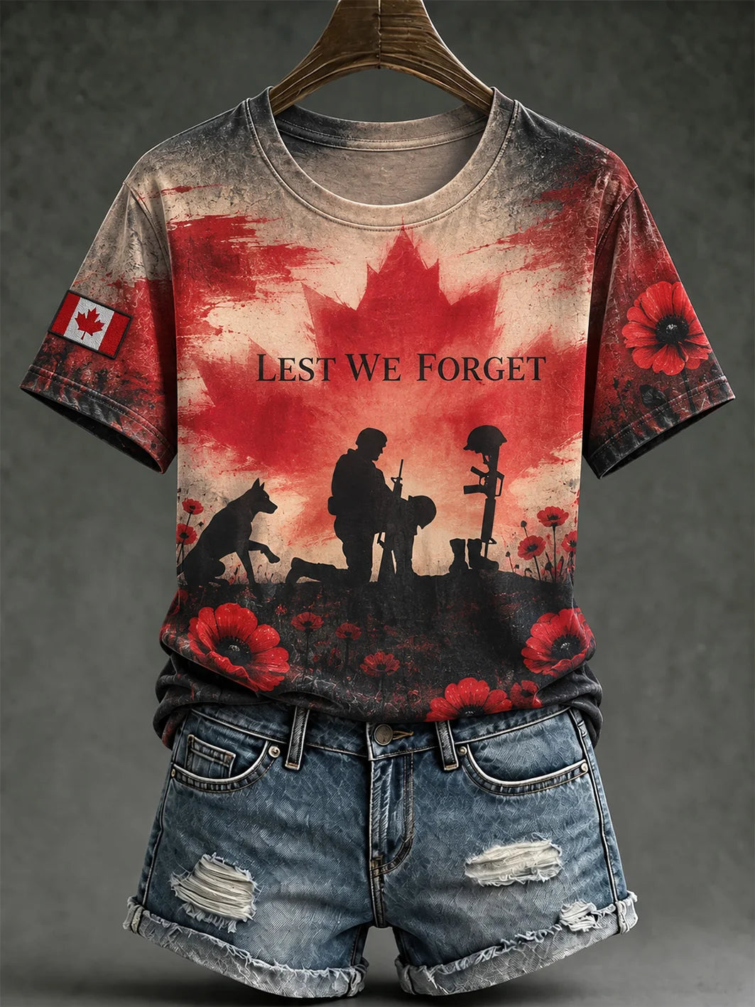 Women's Last We Forget Slogan Papaver Rhoeas Pattern Printed Causal Short Sleeve T-shirt