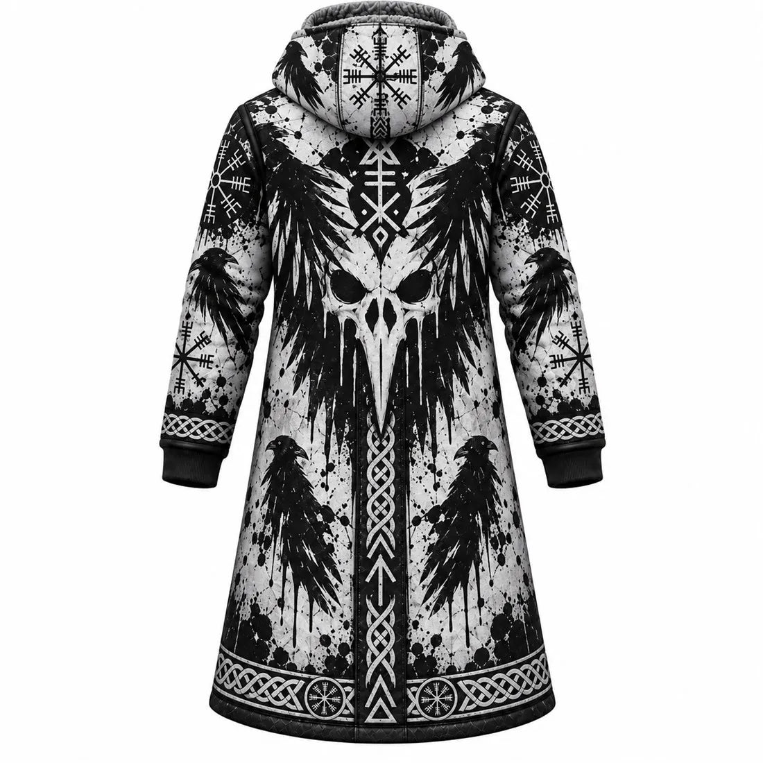 White Viking Raven Skull Fleece-Lined Long Coat