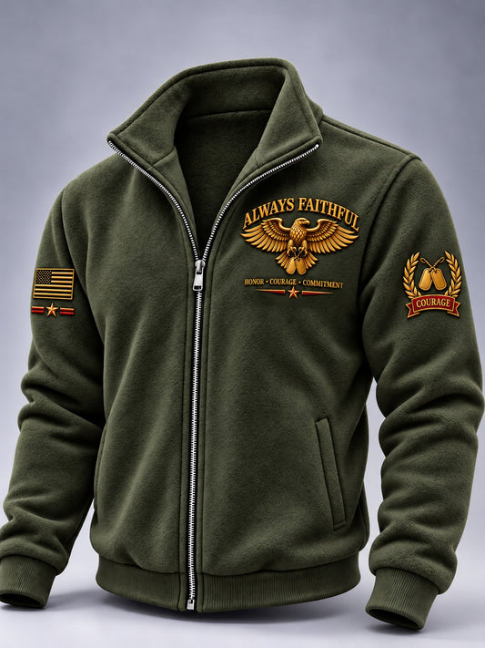 Men's Vintage U.S Veteran  Art Print Zip-Up Stand Collar Jacket