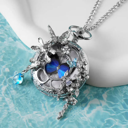 🔥49% OFF - 🦋 Butterfly in Time Handmade Multicolor Pocket Watch Necklace - Handmade Silver Crystal Floral Design