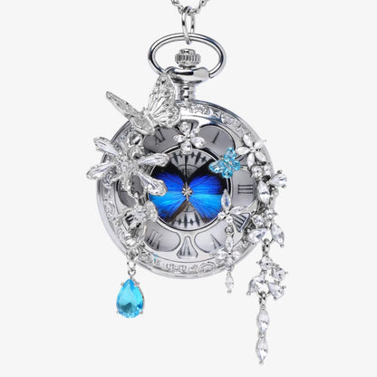 🔥49% OFF - 🦋 Butterfly in Time Handmade Multicolor Pocket Watch Necklace - Handmade Silver Crystal Floral Design