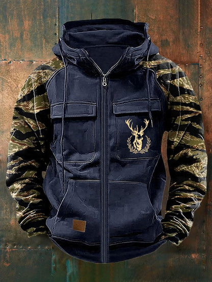 Men's Vintage Western Deer Print Multi-Pocket Jacket