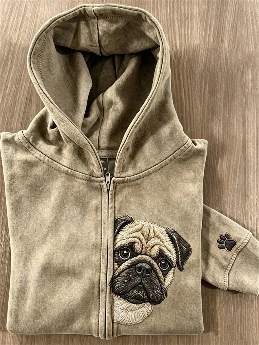 Women's Peeking Pug Dog & Paw Print Full Zip Hoodie