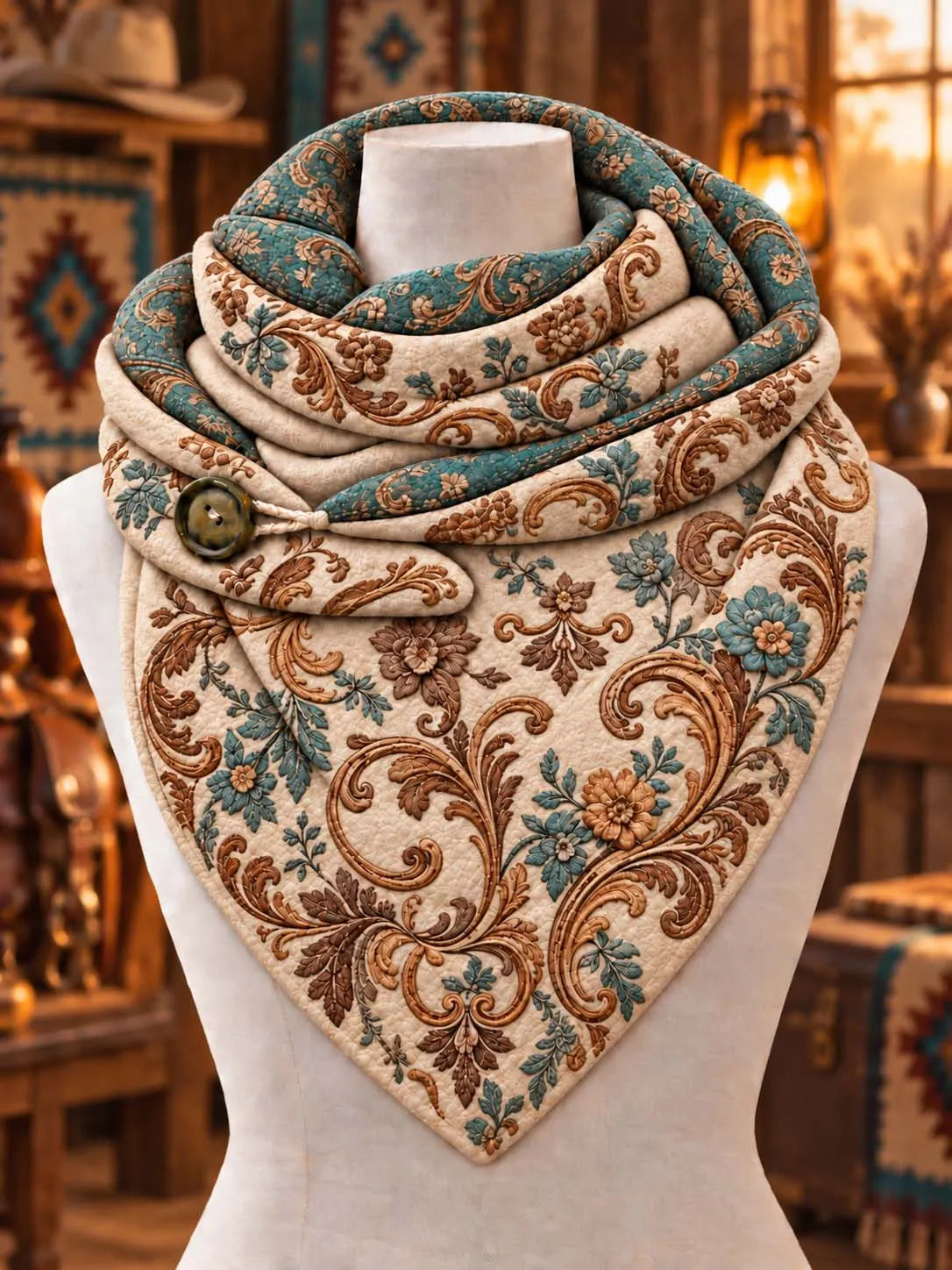 🌾 Vintage Western Floral Filigree & Tooled Pattern Scarf 