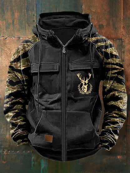 Men's Vintage Western Deer Print Multi-Pocket Jacket