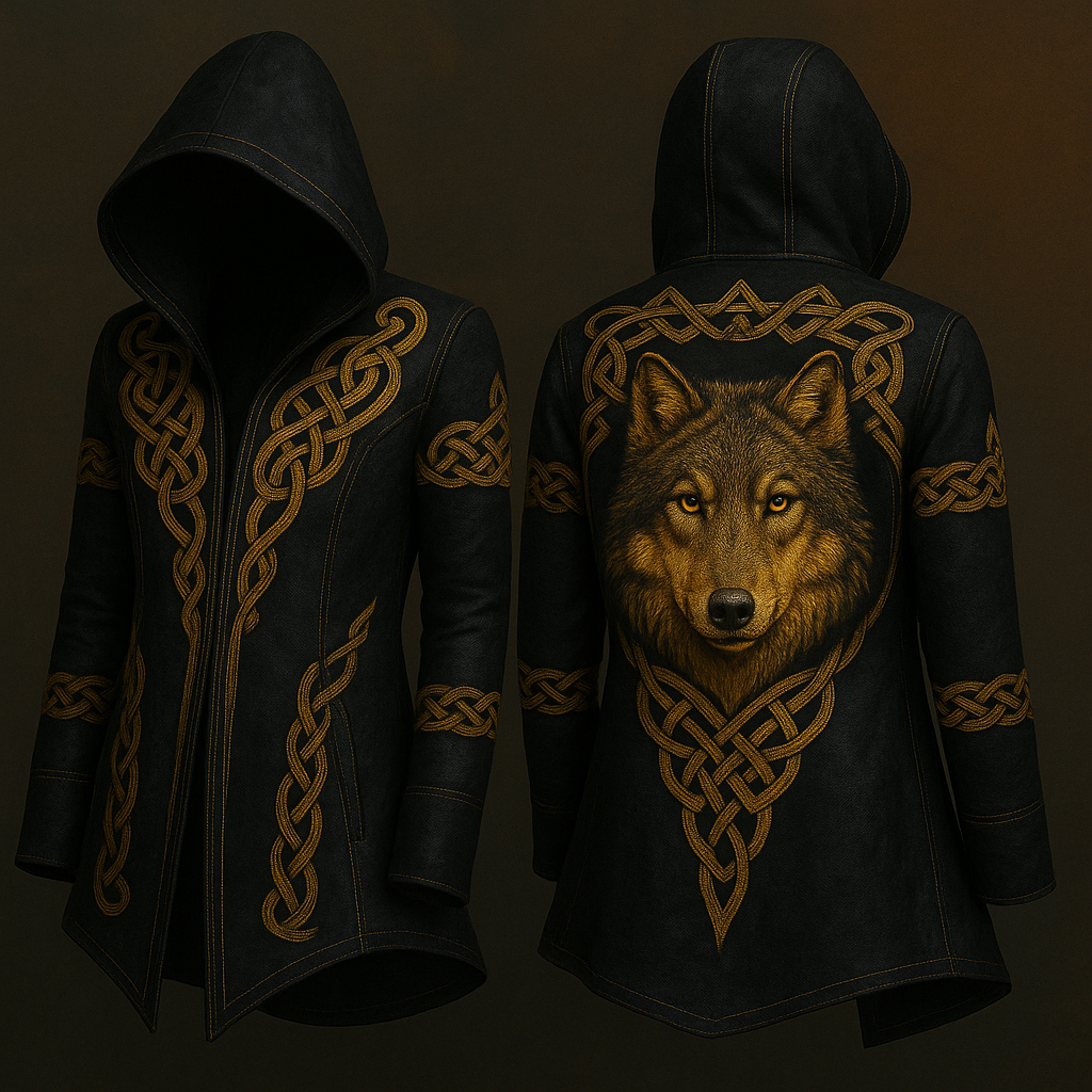 Men's Viking Wolf Hooded Jacket - Blue Black Brown Nordic Print