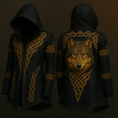 Men's Viking Wolf Hooded Jacket - Blue Black Brown Nordic Print