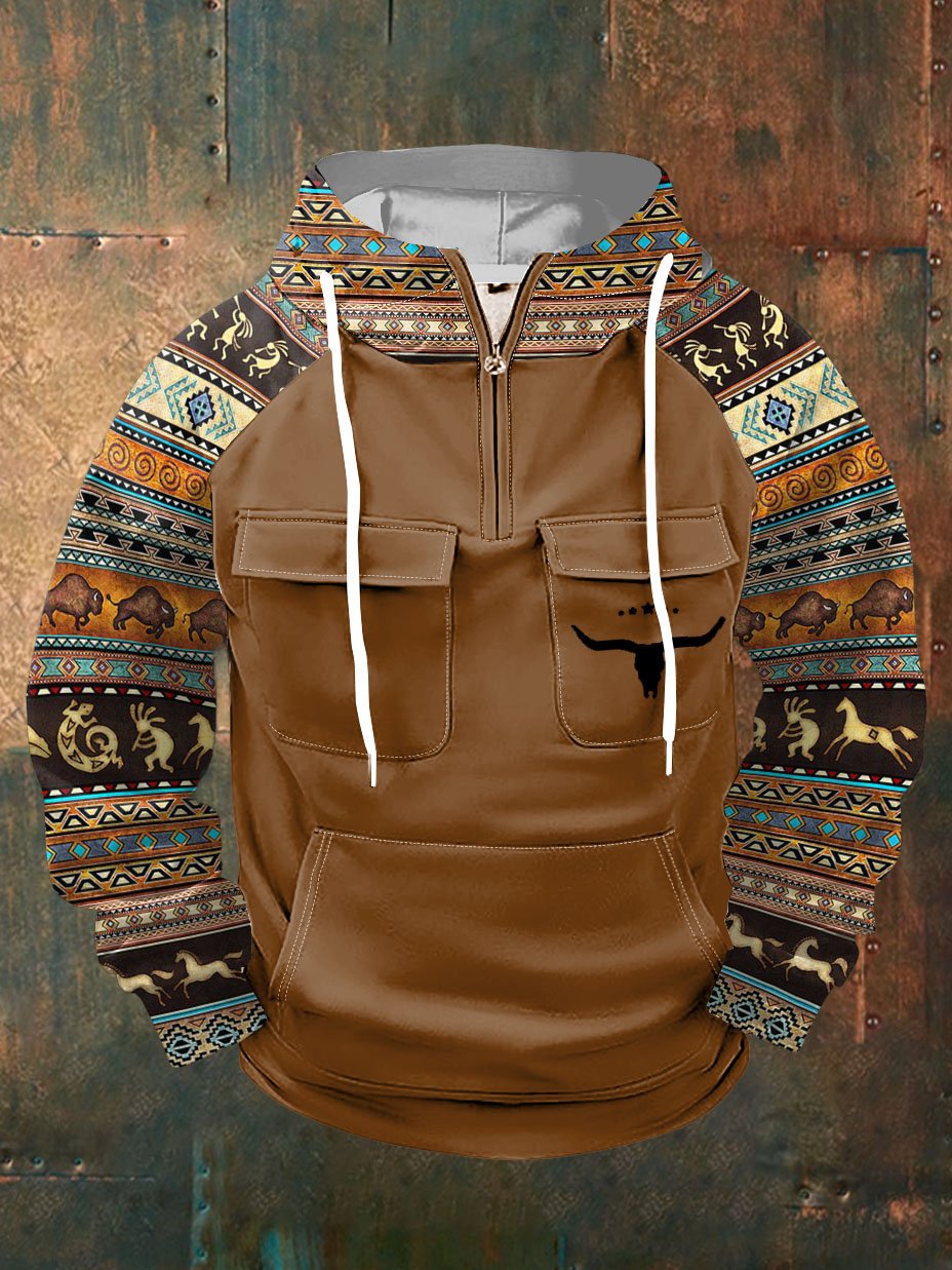 Men's Retro Colorblock Western Bullhead Print Zipper Pocket Hoodie