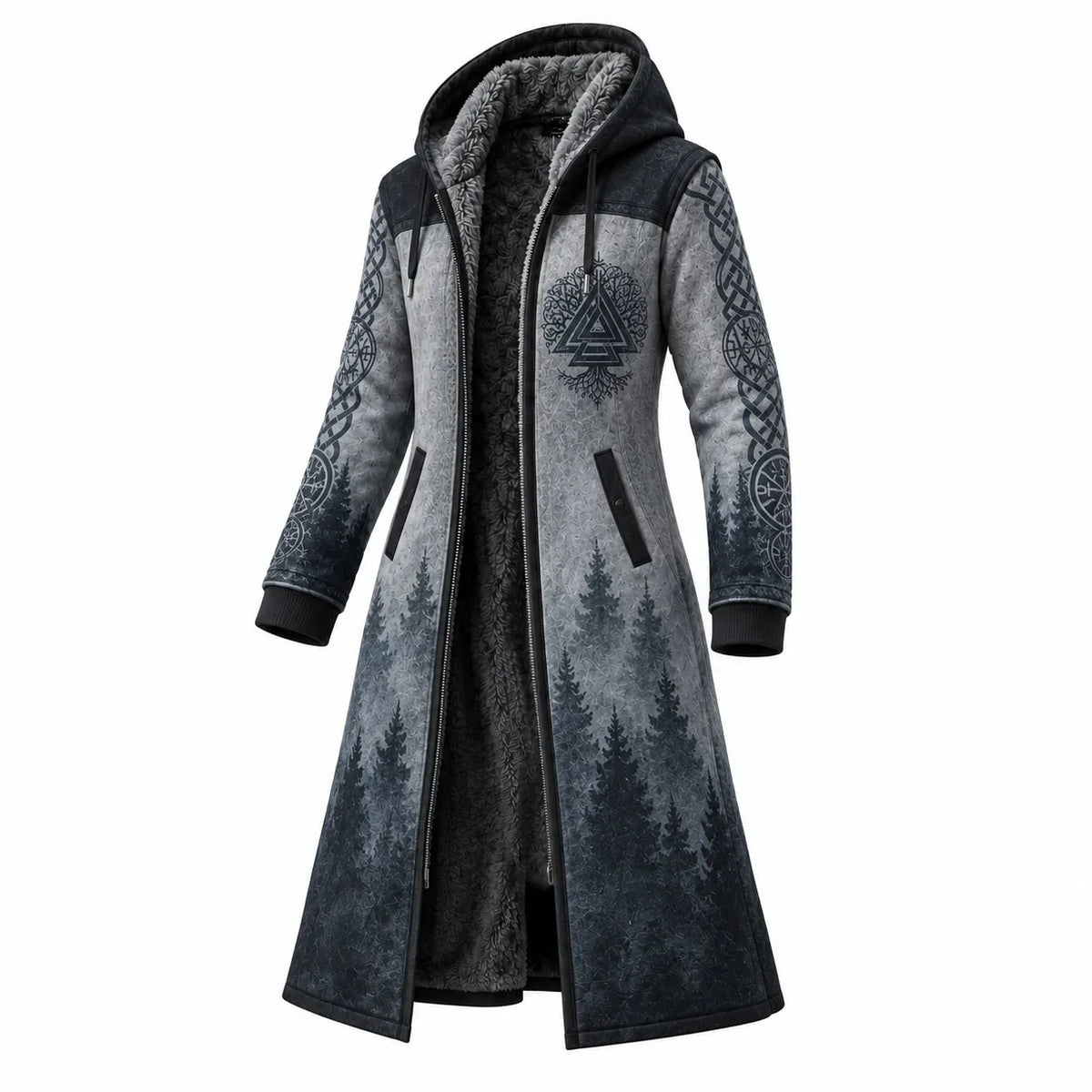 Slate Blue Gray Rune Print Longline Hooded Fleece Coat