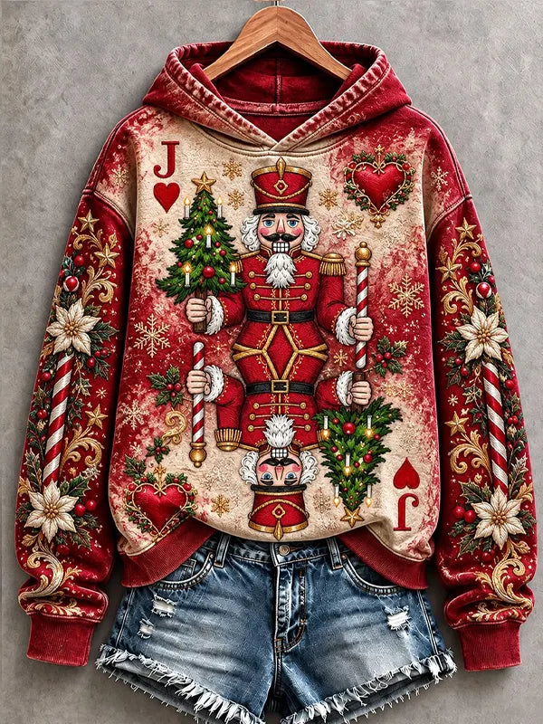 Women's Vintage Nutcracker Jack Of Hearts Christmas Poinsettia Candy Cane Art Print Hoodie
