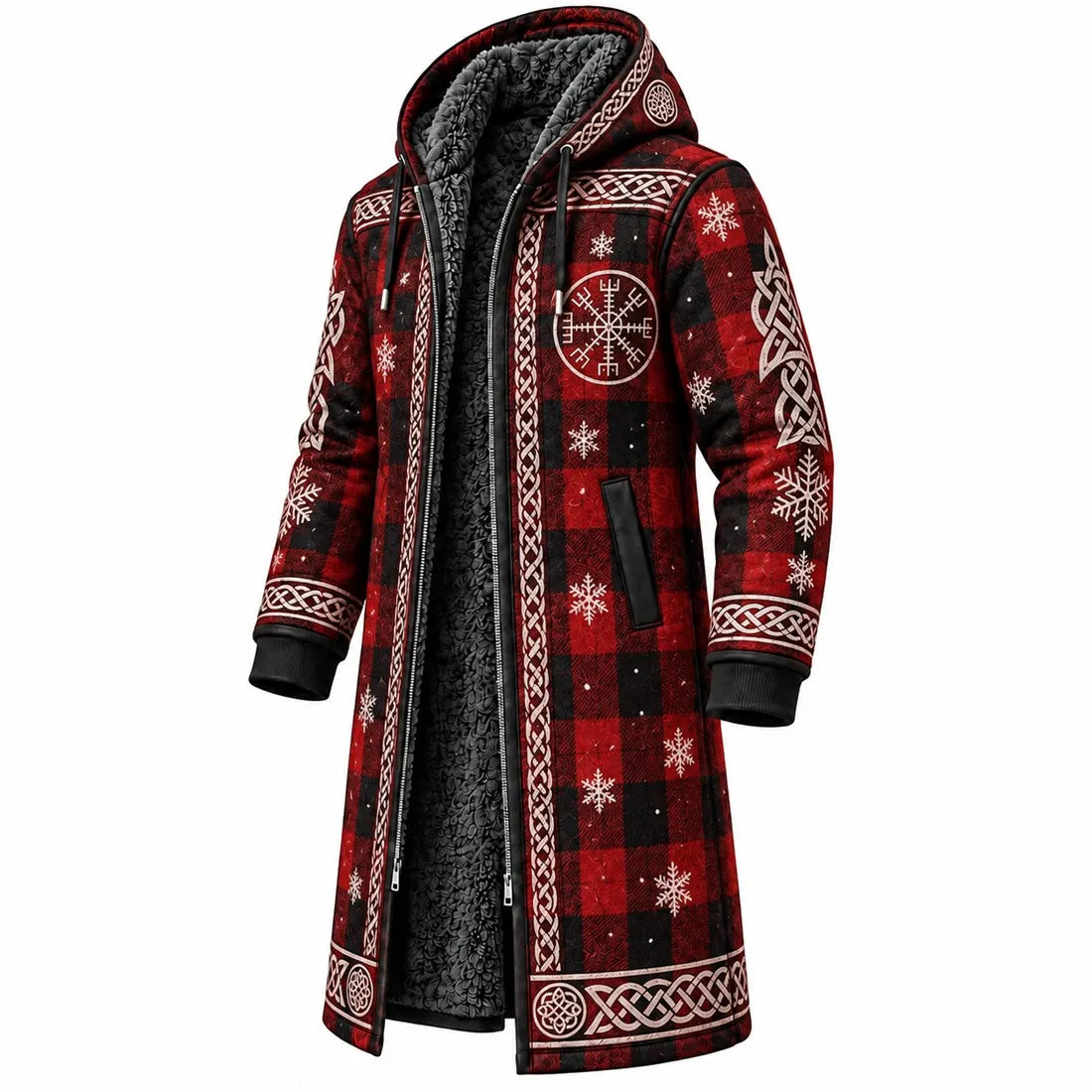 Red Viking Rune Plaid Fleece-Lined Long Coat