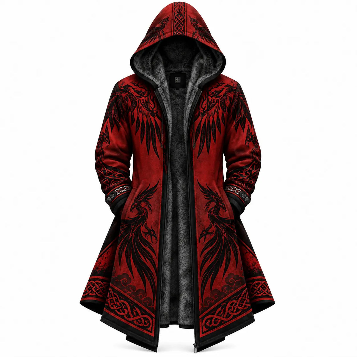 Red Black Viking Raven Zip-Up Hooded Jacket